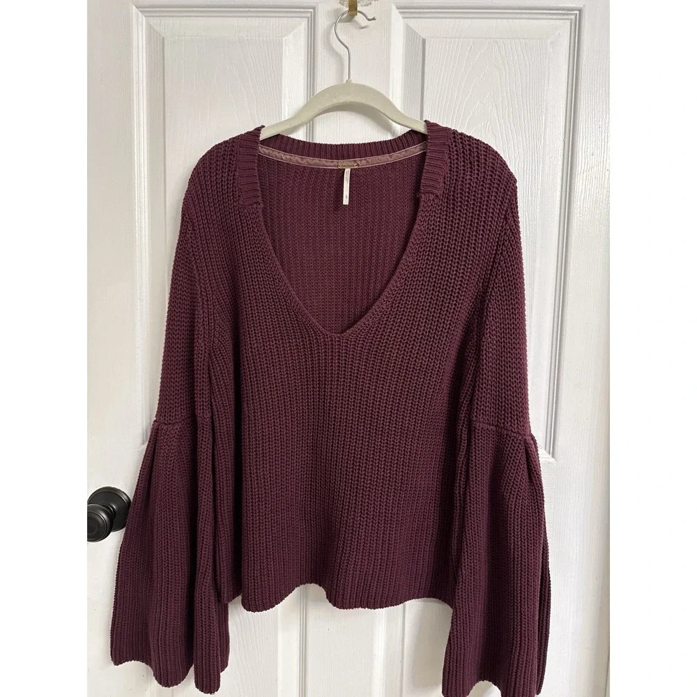Free People Damsel V-Neck Sweater Bell Sleeve Maroon Knit Boho Hippie Women's L